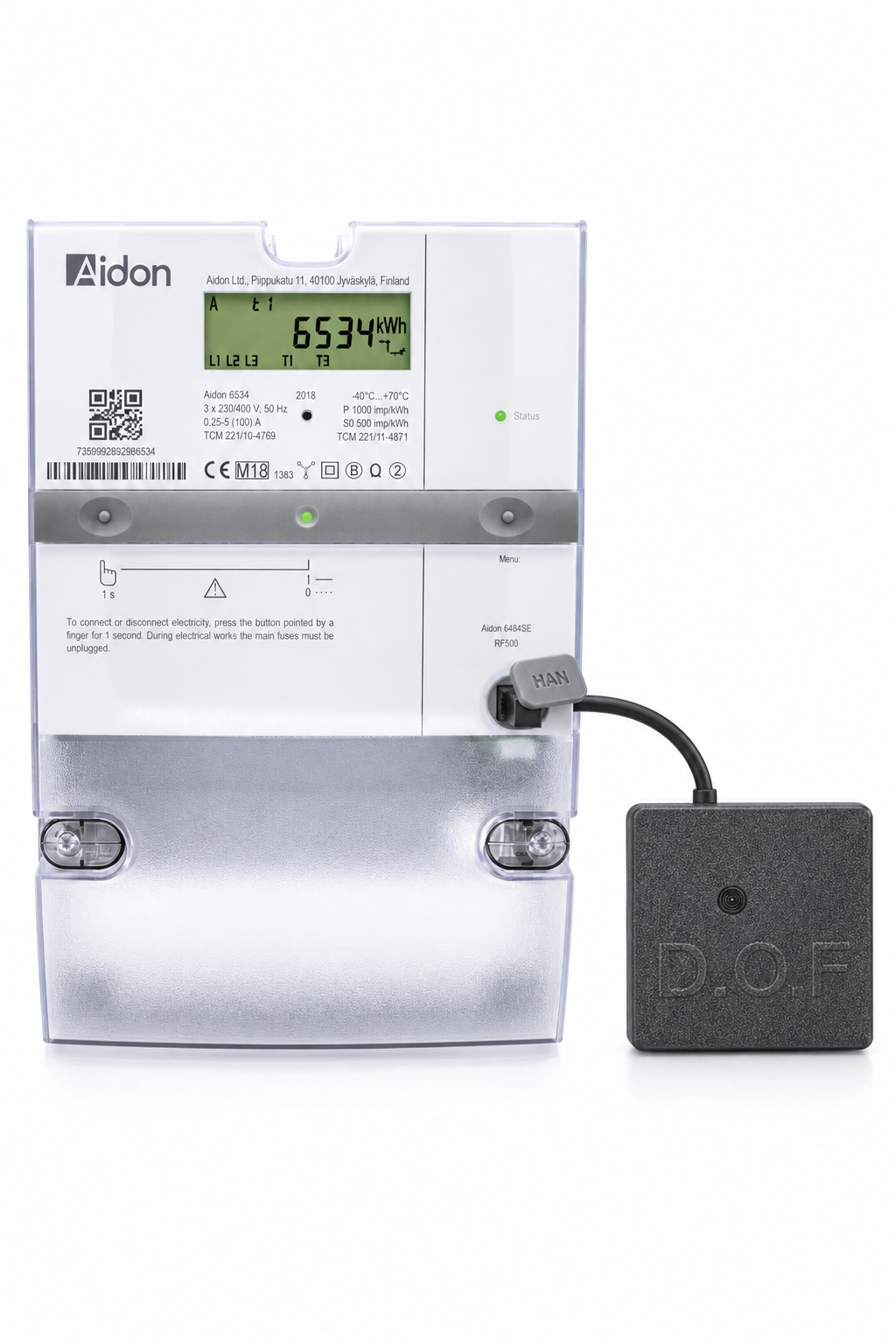 Illustration of a D.O.F HAN port reader connected to an Aidon electricity meter