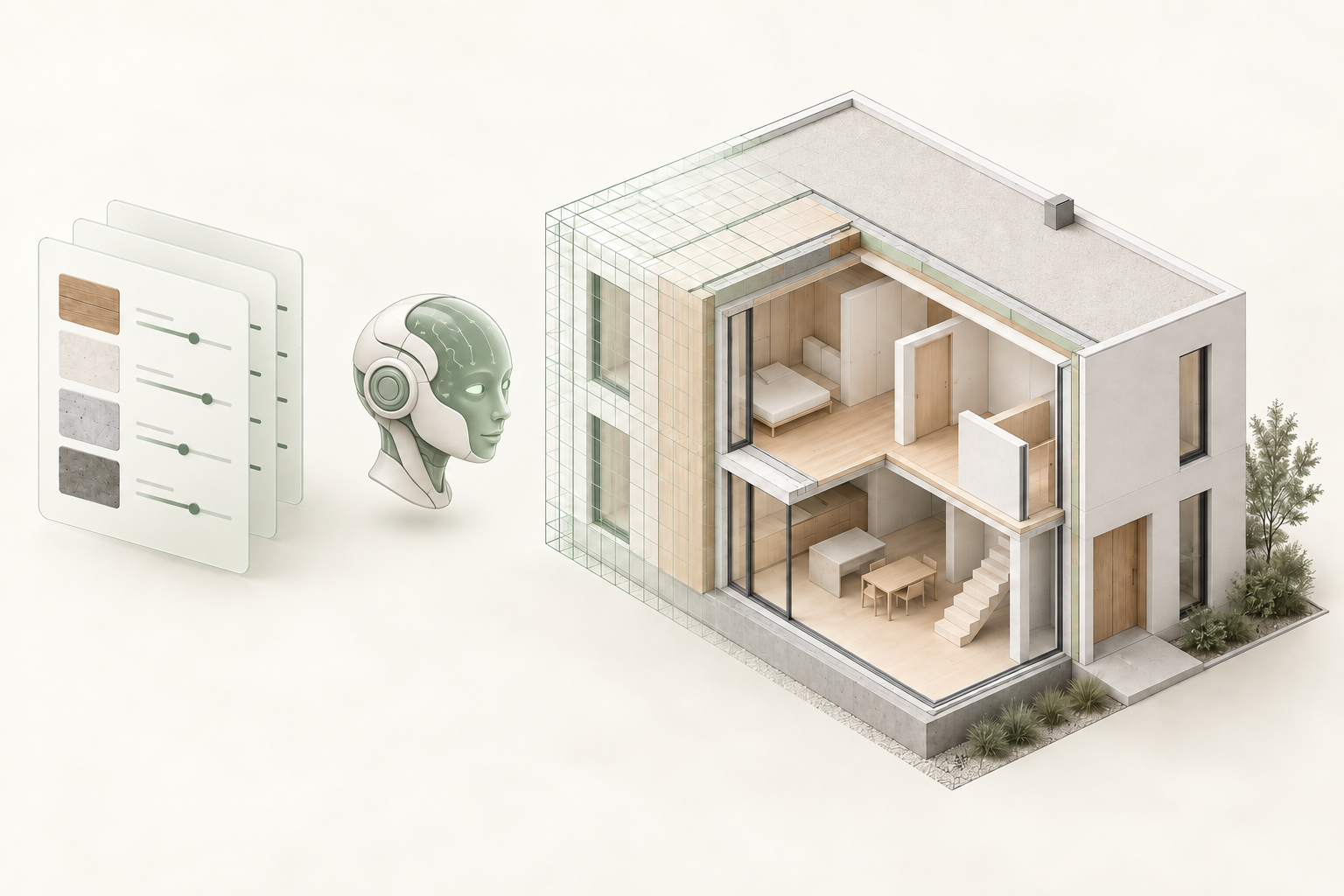 A stylised digital head between structural recipes and a complete building symbolises the software generator. A cutaway shows connected external and internal walls, intermediate floors, roof and ground floor.