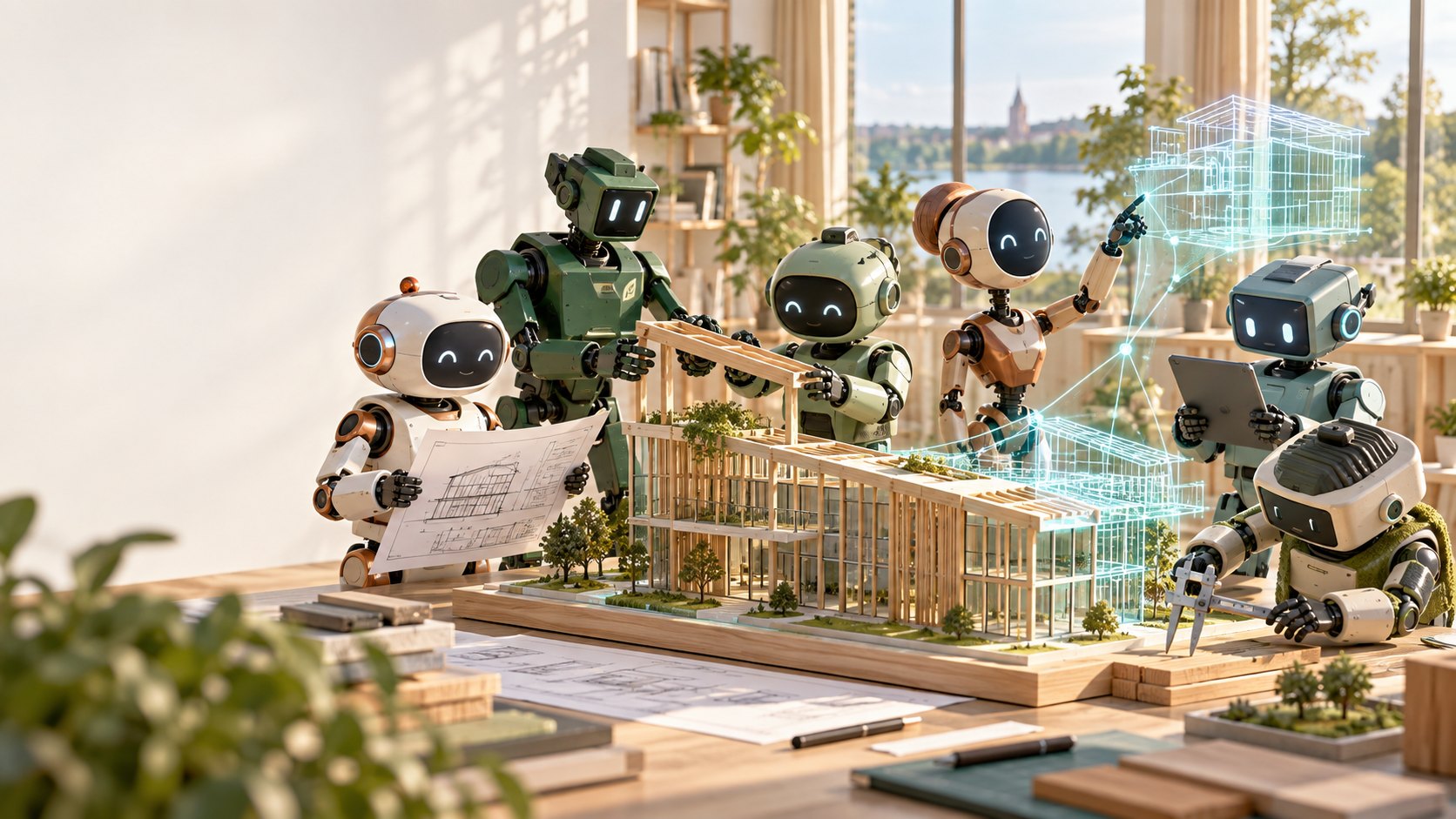Six robot engineers build a physical building model together and connect it to a digital model. AI-generated illustration of collaboration.
